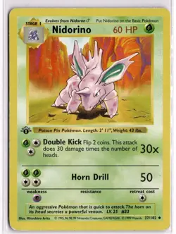 Nidorino 37/102 Uncommon Base Set Shadowless Pokemon 1st Edition Heavily Played - Image 1