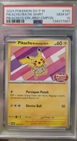 Pokemon 2024 Batik Pikachu 190/SV-P Indonesia Journey Indonesian GEM MINT PSA 10 - Image 1