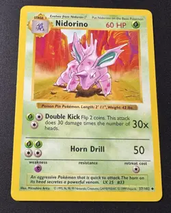 Nidorino 37/102 Uncommon Base Set Shadowless Pokemon Unlimited Near Mint - Image 1