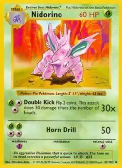 1x Nidorino - 37/102 - Uncommon - Shadowless Edition Heavily Played Pokemon G1 - - Image 1