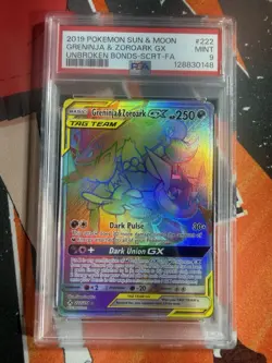 Pokemon Greninja & Zoroark GX (Secret) 222/214 Unbroken Bonds Holo PSA 9 - Image 1