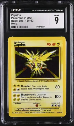 CGC 9 MINT Zapdos 1999 Base Set 16/102 Holo Pokemon Card - Image 1