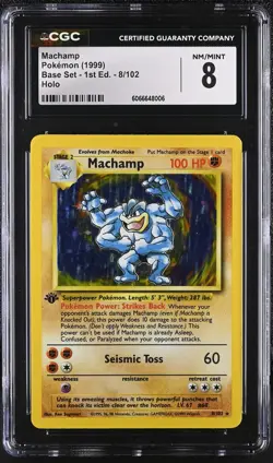 CGC 8 Machamp 1999 Base Set 1st Edition 8/102 Holo Pokemon Card - Image 1