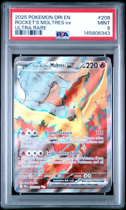 2025 Pokemon Destined Rivals EN #208 Team Rocket's Moltres EX Ultra Rare PSA 9 - Image 1
