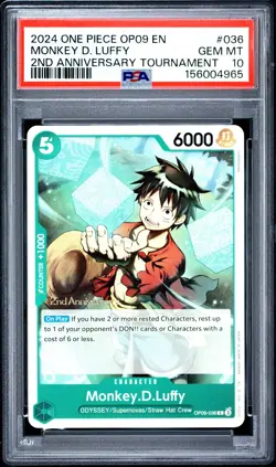 2024 Monkey D. Luffy OP09-036 EN 2nd Anniversary Tournament One Piece PSA 10 - Image 1
