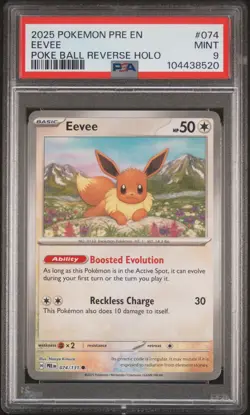 2025 POKEMON PRE EN-PRISMATIC EVOLUTIONS POKE BALL REVERSE HOLO #074 EEVEE PSA 9 - Image 1