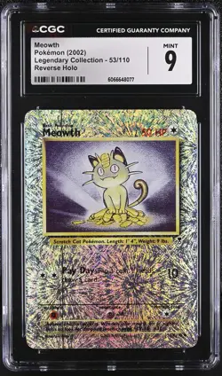 CGC 9 MINT Meowth 2002 Legendary (Collection) 53/110 Reverse Holo Pokemon Card - Image 1