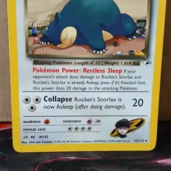 Pokemon TCG Rockets Snorlax 33/132 Gym Heroes Unlimited Card LP+ - Image 3