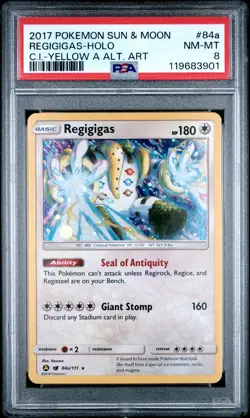 2017 POKEMON SUN & MOON CRIMSON INVASION #84A REGIGIGAS-HOLO PSA 8 - Image 1