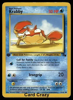 1st Edition Krabby 51/62 Common - Fossil Pokemon Card - Image 1