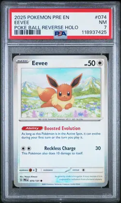 2025 POKEMON PRE EN-PRISMATIC EVOLUTIONS POKE BALL REVERSE HOLO #074 EEVEE PSA 7 - Image 1