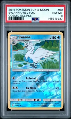 2019 POKEMON SUN & MOON COSMIC ECLIPSE #60 SWANNA-REVERSE FOIL PSA 8 - Image 1