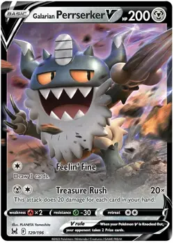 Pokemon TCG Card Galarian Perrserker V 129/196 Lost Origins Holo Rare - Image 1