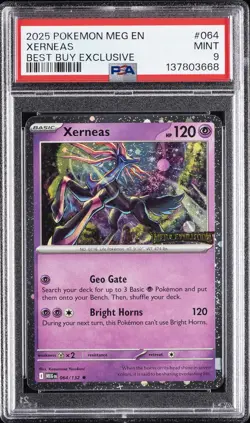 2025 POKEMON MEG EN-MEGA EVOLUTION BEST BUY EXCLUSIVE #064 XERNEAS PSA 9 - Image 1