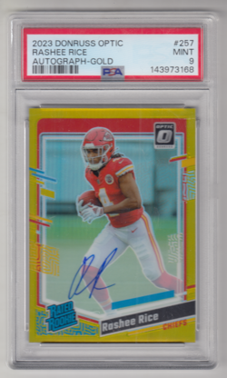 2023 PANINI DONRUSS OPTIC RASHEE RICE GOLD RC RATED ROOKIE AUTO /10 PSA 9 MINT - Image 1