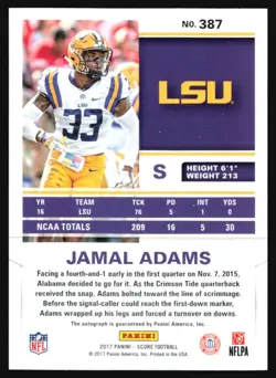 2017 Panini Score First Down JAMAL ADAMS GOLD Rookie Auto /10 #387 - Image 2