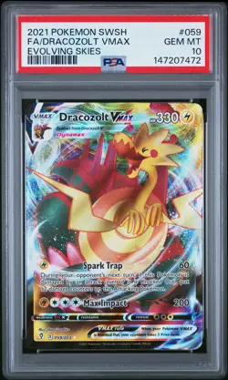 2021 POKEMON SWORD & SHIELD EVOLVING SKIES #059 FULL ART/DRACOZOLT VMAX PSA 10 - Image 1