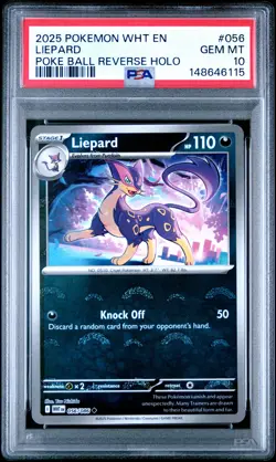 2025 POKEMON WHT EN-WHITE FLARE POKE BALL REVERSE HOLO #056 LIEPARD PSA 10 - Image 1