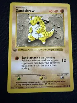 Pokemon TCG Sandshrew Base Set 1st Edition Shadowless Card 62/102 Vintage NMNT - Image 1
