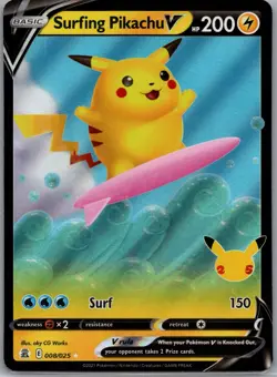 Surfing Pikachu V 008 Celebrations Rare Pokemon NM/M Holo - Image 1