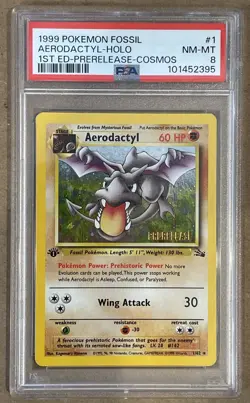 1999 Pokemon Fossil Aerodactyl-HOLO 1st ED-Prerelease-Cosomos PSA 8 NM-MT - Image 1