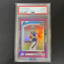 2024 Panini Donruss Rated Rookie JJ McCarthy #303 Optic Preview Pink (RC) PSA 10 - Image 1