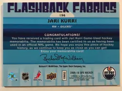 2009-10 SPX Hockey ~ JARI KURRI - OILERS ~ HOF Flashback Fabrics ⬜⬛ #196💥 - Image 2