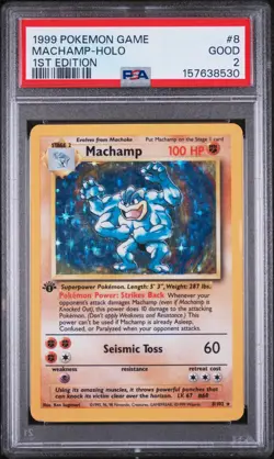 👊 1999 Pokemon Base Set #8 Machamp 1st Edition Holo Vintage Rare Card PSA 2 2⃣ - Image 1