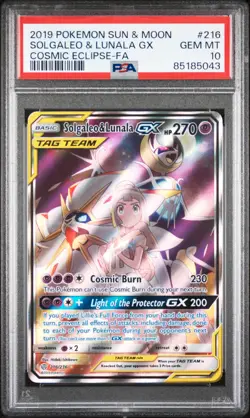 2019 POKEMON SUN & MOON COSMIC ECLIPSE #216 FULL ART/SOLGALEO & LUNALA GX PSA 10 - Image 1
