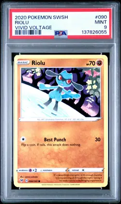 2020 POKEMON SWORD & SHIELD VIVID VOLTAGE #090 RIOLU PSA 9 - Image 1