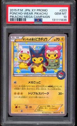 2015 Pokemon Poncho Wearing Pikachu Mega Campaign Japanese XY Promo #203 PSA 10 - Image 1