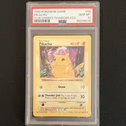 Wizards of the Coast Pokemon TCG Pikachu Shadowless 58/102 Base Set PSA 10 - Image 1