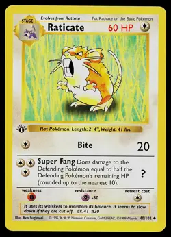 Pokemon Card - Raticate Base Set (Shadowless) 40/102 Uncommon 1st Edition - Image 1
