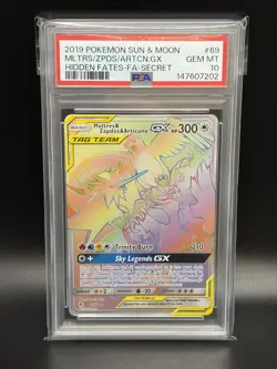 2019 Moltres Zapdos Articuno GX Pokemon Card 69/68 Hidden Fates Tag Team PSA 10 - Image 1