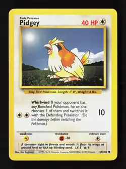 Pidgey 57/102 Common Base Set Unlimited Pokemon Moderately Played - Image 1