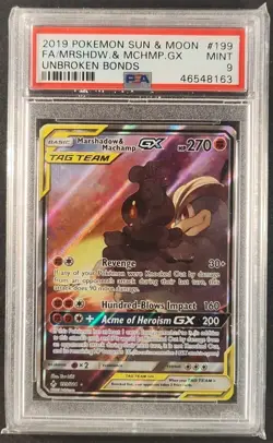 2019 POKEMON SUN & MOON UNBROKEN BONDS FULL ART/MARSHADOW & MACHAMP GX PSA 9 - Image 1