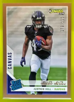 2019 Donruss Justice Hill Rated Rookie Canvas Studio Series /100 #333 RC Ravens - Image 1