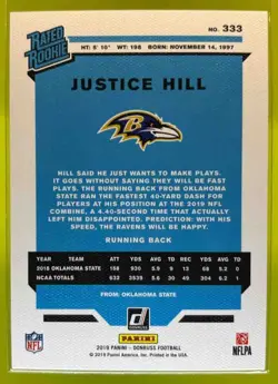 2019 Donruss Justice Hill Rated Rookie Canvas Studio Series /100 #333 RC Ravens - Image 2