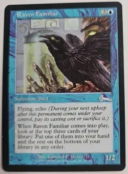 MTG Magic The Gathering Card Raven Familiar Summon Bird Blue Urza's Legacy - Image 1