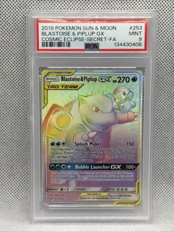 2019 Pokemon SM Cosmic Eclipse Rainbow Rare Blastoise & Piplup GX #253 PSA 9 - Image 1