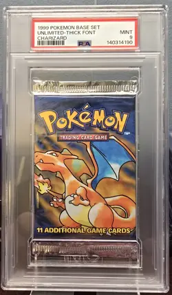 1999 Pokemon Base Set Unlimited Thick Font Booster Pack w/ Charizard Art - PSA 9 - Image 1