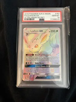 PSA 10 GEM MINT Leafeon GX 157/156 Ultra Prism Secret Rare Holo Pokemon Card - Image 1