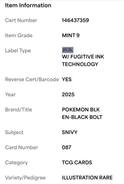 Snivy 087/086 SV: Black Bolt Illustration Rare Holo English PSA 9 - Image 5