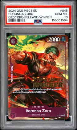 One Piece CCG Roronoa Zoro Pre-Release Winner Promo P-045 PSA 10 Gem Mint - Image 1