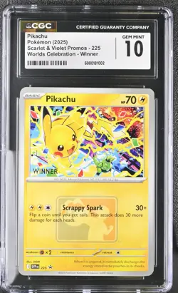 CGC 10 - Pikachu 225 SVP WINNER Stamped Black Star Promo Pokemon Worlds Gem Mint - Image 1