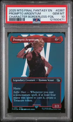 2025 MTG FINAL FANTASY CHARACTER BORDERLESS-FOIL #0387 PROMPTO ARGENTUM PSA 10 - Image 1