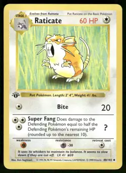 Pokemon Cards Raticate 40/102 1st Edition Base Set Shadowless Uncommon NM *4 - Image 1