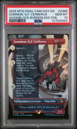 2025 MTG FINAL FANTASY WOODBLOCK BORDERLESS-FOIL SUMMON: G.F. CERBERUS PSA 10 - Image 1