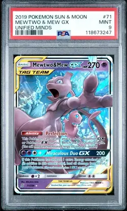 2019 POKEMON SUN & MOON UNIFIED MINDS #71 MEWTWO & MEW GX PSA 9 - Image 1