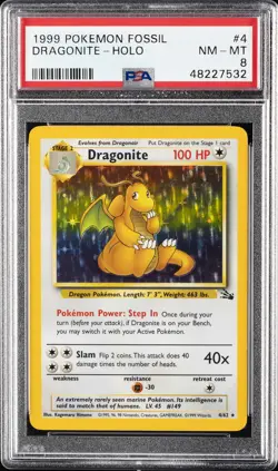 1999 POKEMON FOSSIL #4 DRAGONITE-HOLO PSA 8 - Image 1